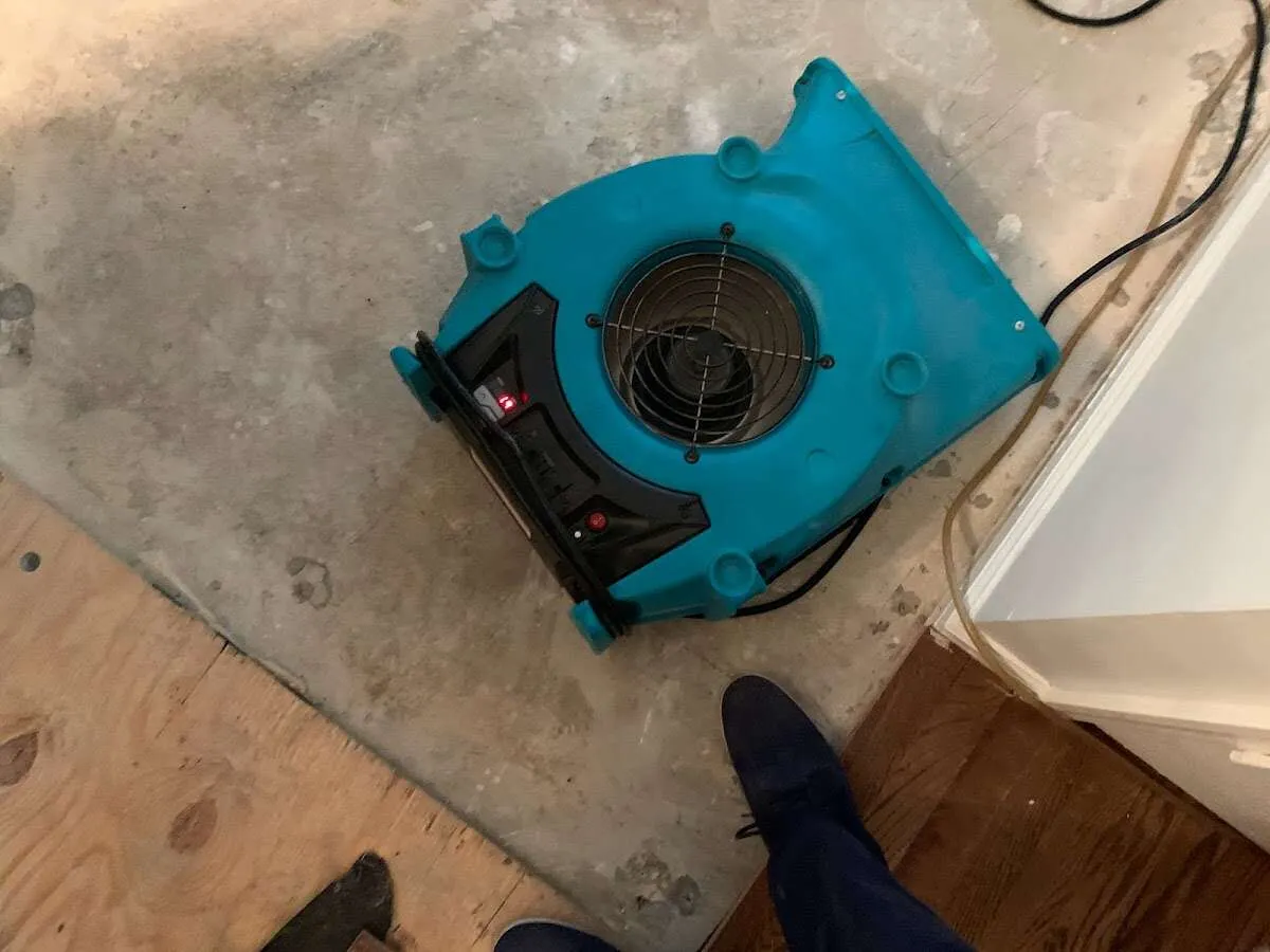 Air mover drying subfloor during Commercial Water Damage Restoration in River Grove